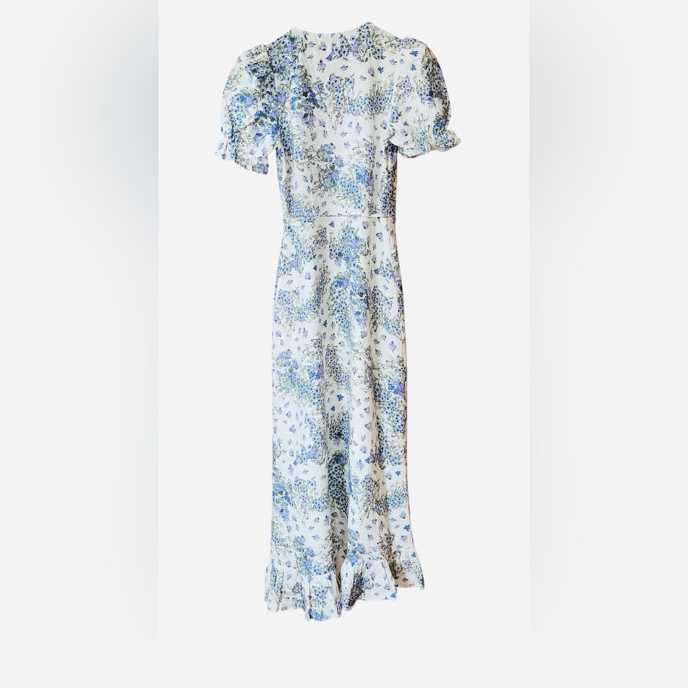 &OTHER STORIES BLUE AND WHITE FLORAL LINEN WRAP MIDI DRESS SIZE 0 - Picture 7 of 10